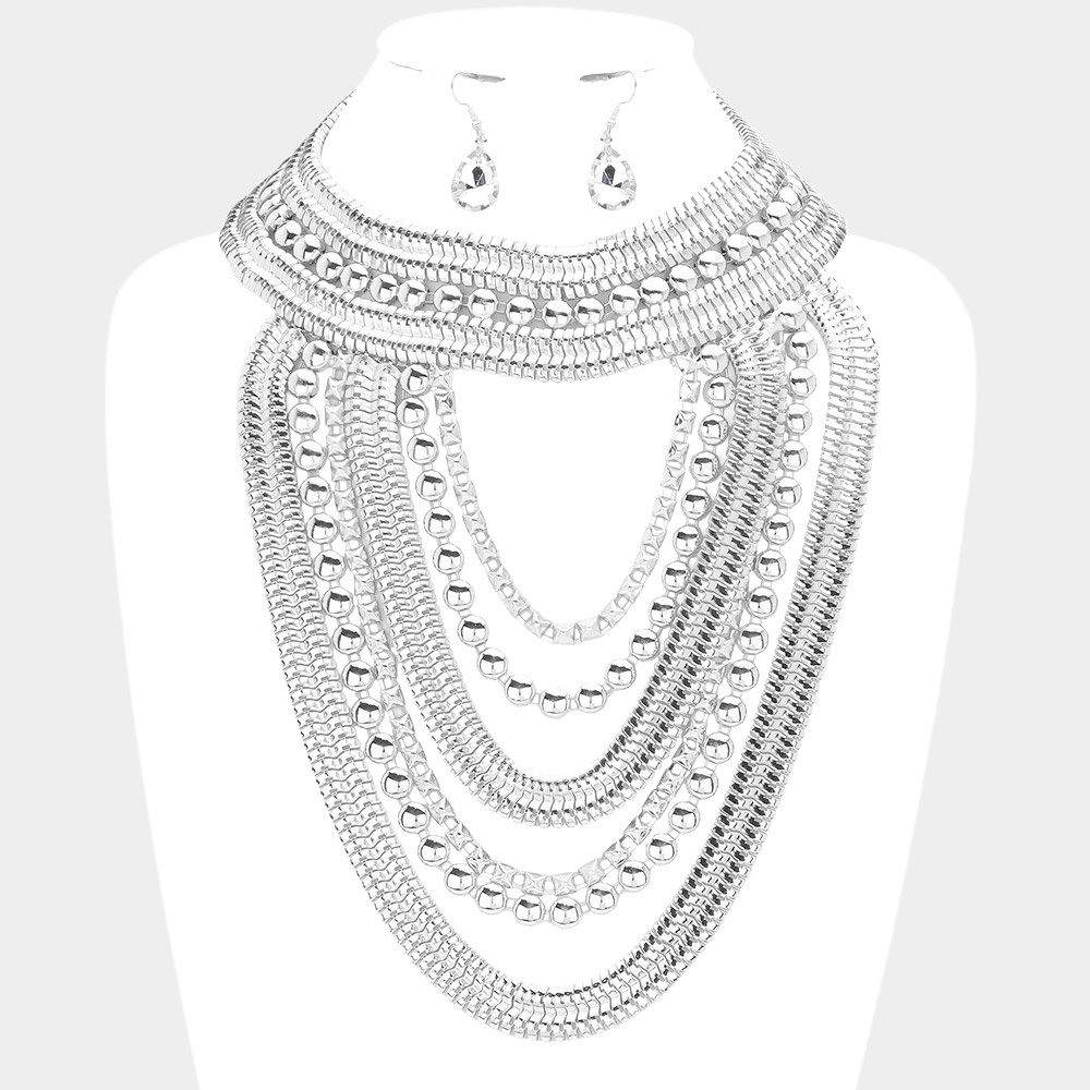 Silver Metal Draped Abstract Chain Bib Necklace Set w Earrings Statement Style